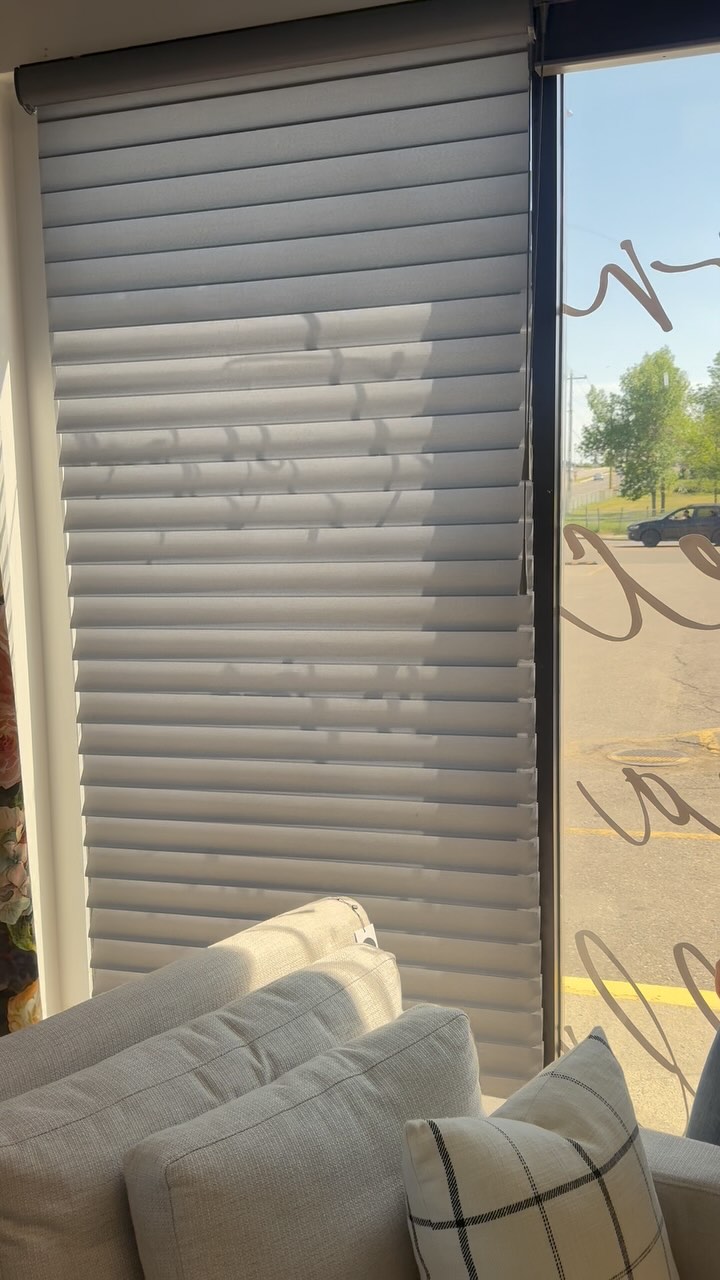 A Hunter Douglas Silhouette style shade drawn over a showroom window above a light fabric sofa